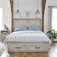 Better Homes Gardens Modern Farmhouse Queen Platform Bed With Storage Rustic White Finish Walmart Com In 2020 Bed Frame With Storage Platform Bed Designs Platform Bed With Storage