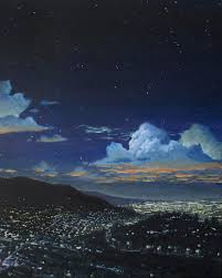 #song of the day #the city lights at night #sail by the stars. I Noticed How Clouds Glowed Underneath The City Lights At Night So I Painted It Acrylic On Wood Painting
