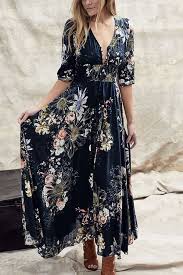 Dark Blue Floral Print V Neck Button Tied Casual Maxi Dress Floral Chiffon Dress Summer Dresses For Women Elegant Dresses