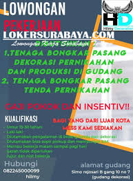 Ada perusahaan yang sedang membuka kesempatan lowongan kerja di daerah surabaya, staf administrasi akunting, estate manager, staf teknisi dan banyak lagi melalui indeed.com. Lowongan Keja Surabaya Di Hilmy Decoration Januari 2020 Lowongan Kerja Surabaya Juni 2021 Lowongan Kerja Jawa Timur Terbaru