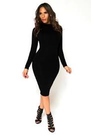 Slimming High Neck Black Long Sleeves Bodycon Midi Dress Long Sleeve Bodycon Midi Dress Stretchy Bodycon Dress Little Black Dress