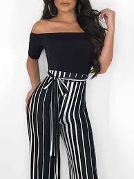 Black And White Striped Flare Pants Outfit Off Shoulder Striped Splicing Tied Waist Jumpsuit White Pants Outfit Black And White Pants White Party Outfit
