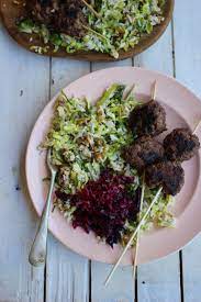 Paleo Kangaroo Koftas With Shredded Brussel Slaw Kangaroo Meat Recipe Whole Food Recipes Healthy Recipes