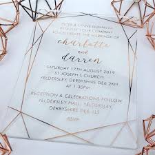 We Our Geometric Design In Rose Gold Foil On Clear Acrylic They Are Abs Classy Wedding Invitations Rose Gold Wedding Invitations Acrylic Wedding Invitations