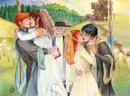 From the deathly hallows part 2 official photoshoot. Daniel Bonnie Fan Art Harry Ginny And Ron Hermione Double Wedding Harry Potter Ginny Harry And Ginny Harry Potter Fan