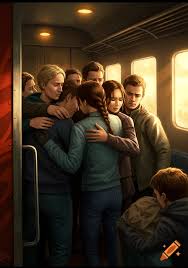 A group of young people huddle together in a somber embrace inside a train  carriage with warm light from windows. on Craiyon