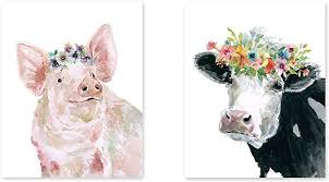 Amazon Com Renditions Gallery Pig And Cow Farm Animal Nursery Wall Art Fine Giclee Print Poster Set Of 2 12x Pig Wall Art Cow Nursery Animal Wall Art Nursery