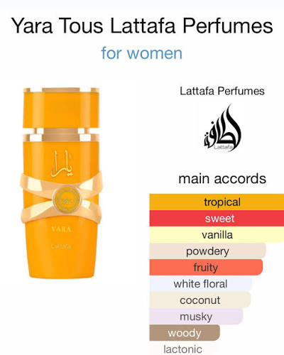 Yara Tous by Lattafa Perfumes is a fragrance for women. This is a new  fragrance launched in 2023 Top notes are Mango, Coconut and Passionfruit;  middle notes are Jasmine, Heliotrope and Orange