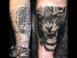 Tiger Cover Up Tattoo Realistic Portrait Black White Color Forearm Cover Up Tattoo Cover Tattoo Best Cover Up Tattoos