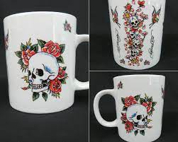 Love Kills Slowly Don Ed Hardy Coffee Mug Skull Roses Butterfly Euc 14 Oz Don Ed Hardi