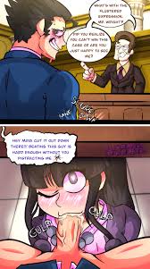 loodie doodie, maya fey, phoenix wright, saul goodman, ace attorney, better  call saul, breaking bad, absurdres, highres, 1girl, 2boys, artist name,  black hair, comic, court, crossover, cum, cum in mouth, embarrassed, english