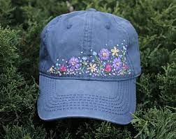Wildflower Embroidered Hat Handmade Hat Floral Hand Stitched Hand Embroidered Hat Dad Hat Ready To S Hand Embroidered Hat Hat Embroidery Embroidered Hats