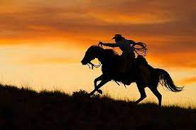 An abstract cowboy riding in the mountains with trees, crows flying above and a textured watercolor. Silhouette Of Cowboy Riding Horse Against Sunset Sky Horse Silhouette Horse Pictures Horses