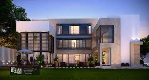 Two floors villa exterior design with biophilic elements, entrance pathway and landscape. Modern Villa Design Saudi Arabia Itqan 2010