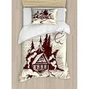 Log Cabin Duvet Cover Set Twin Size, Monochrome Drawing Image of a ...