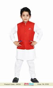 Elegant White Ethnic Kurta Pyjama With Red Waist Coat For Kids In India