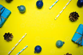Yellow blue Christmas and New Year background with gift box and  decorations, flat lay. Concept of greeting card for holidays 14206361 Stock  Photo at Vecteezy