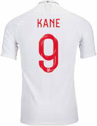 Bold white presentation, dark blue crew neck and side stripes both. 2018 19 Nike Harry Kane England Home Match Jersey Soccerpro