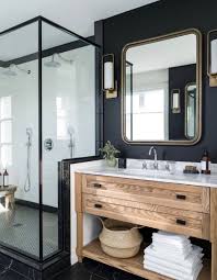 I Like This Modern Bathroom With Dark Walls Natural Wood Vanity Modern Farmhouse Modern Bathroom Bathroom Design Bathrooms Remodel