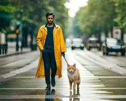 person and a dog walking in the rainの画像