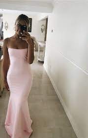 Chic Mermaid Scoop Neck Spaghetti Straps Pink Satin Prom Dresses Simple Party Dresses Pink Prom Dresses Cute Prom Dresses Pretty Prom Dresses
