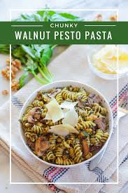 Chunky Walnut Pesto Pasta With Sauteed Baby Portobello Mushrooms Zen Spice Recipe Vegetarian Pasta Recipes Pesto Pasta Fettuccine Recipes