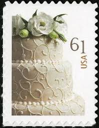 The Photograph On This 2009 Wedding Cake Stamp Depicts A Three Tier Creamy White Cake Topped With Beautiful White F Wedding Stamp Postage Stamp Design