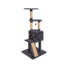 This modern cat tree offers a scratching surface for your cats, so they can focus on climbing features: Animaze 4 Level Grey Cat Tree With Scratch Ramp 56 5 H Petco