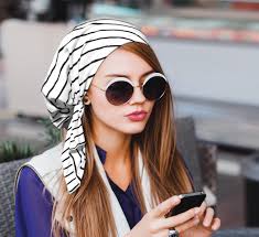 White Stripe Non Slip Cotton Head Scarf Tichel: Pre-tied Chemo Turban