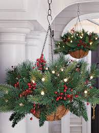 Battery Powered Evergreen Hanging Basket Lighted Pine Basket Solutions Outside Christmas Decorations Outdoor Christmas Decorations Christmas Porch Decor