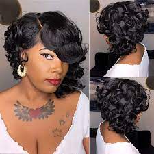 Short Wig With Bangs For Black Women Daily Use Short Curly Wig Short Hair Casual Wig Natural Wig For Everyday Heat Resistant Wig Cosplay Wig Short Curly Wigs Short Hair Styles Human Hair Wigs
