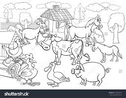 Black And White Cartoon Illustration Of Rural Scene With Farm Animals Livestock Big Group Farm Animal Coloring Pages Animal Coloring Pages Farm Coloring Pages