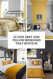 A contemporary bedroom with color block dove grey and yellow walls, white and grey furniture, grey and yellow bedding and pendant lamps. 25 Cool Grey And Yellow Bedrooms That Invite In Digsdigs