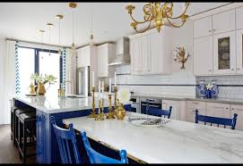 A Regal Kitchen In Royal Blue Gold Sarah Richardson Sarah Richardson Kitchen Blue White Kitchens