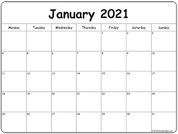 Every month on a separate page January 2021 Monday Calendar Monday To Sunday