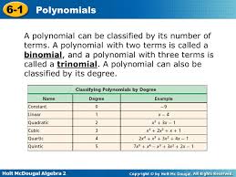 holt mcdougal algebra polynomials identify evaluate add