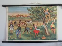 Vintage School Chart Wall Chart Of Autumn Scrumping Apples Children Playing