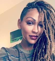 Faux Locs Hair Black And Blonde Meagan Good Blonde Faux Locs Protective Style Shaved Side Hairstyles Faux Locs Hairstyles Braids With Shaved Sides