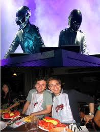 The members of the electronic group daft punk have been photographed without their trademark helmets on. Daft Punk With And Without The Helmets