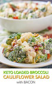Loaded Low Carb Broccoli Cauliflower Salad With Bacon Sugar Free Dressing Recipe Broccoli Cauliflower Salad Cauliflower Salad Broccoli Cauliflower