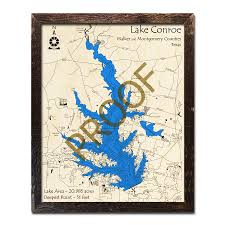 Lake Conroe Texas 3d Wooden Map Framed Topographic Wood Chart
