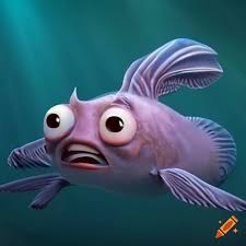 An ugly deep sea fish with a shy smile in the style of a pixar film. it  should be grey with two fins and a scar on its face