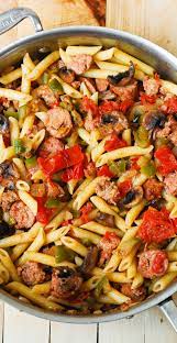 Italian Sausage Pasta With Vegetables Italian Sausage Is Seared With Bell Peppers Mushrooms Onion Sausage Pasta Recipes Italian Sausage Recipes Pasta Dishes