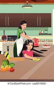 Mother in the kitchen clipart black and white. A Vector Illustration Of Mother And Daughter Cooking In The Kitchen Canstock