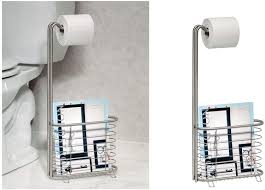 You can purchase a standard holder that mounts to a wall or cabinet or a freestanding type that holds your current roll, extra rolls, or both. Amazon Com Interdesign Forma Free Standing Toilet Paper Holder And Newspaper And Magazine Rack For Bathroom Brushed Stainless Steel Home Kitchen