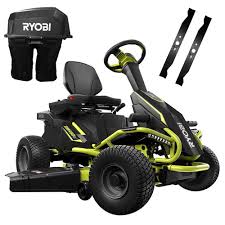 Ryobi 38 In 75 Ah Battery Electric Rear Engine Riding Lawn Mower And Bagging Kit Ry48110 1a The Home Depot Riding Lawn Mowers Lawn Mower Electric Riding Lawn Mower