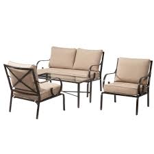 Hampton Bay Granbury 4 Piece Metal Patio Seating Set With Fossil Cushions D9581 4pc The Home Depot Patio Seating Sets Patio Seating Outdoor Chairs