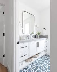 White And Blue Mosaic Floor Tiles Accent A Lovely White And Blue Bathroom Boasting A White Was Bathroom Trends Patterned Bathroom Tiles White Bathroom Cabinets