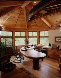Office Design Wood Ceiling Accenting Rounded Room With Windows Custom Bean Shaped Desk And Matching Custom Return Trenary House Interior House Wood Ceilings