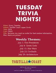 10 themed trivia night ideas · #10: Tortilla Coast On Twitter Here Are July S Trivia Night Themes At Tc Logan Circle Join Us Tonight For Vp Trivia Http T Co Hzq5hzgaxw Twitter